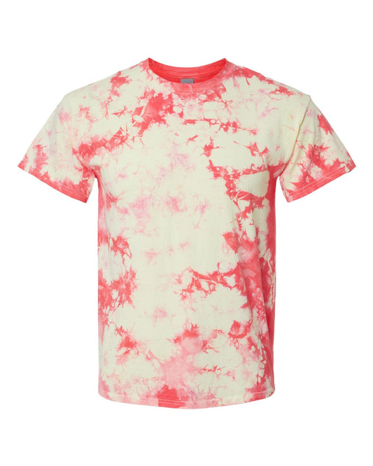 Unisex Crystal Tie-Dyed T-Shirt in Coral and Cream Yellow